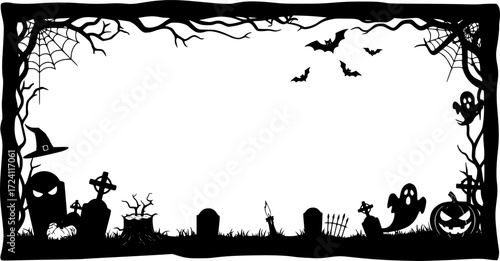 Halloween frames set with silhouettes of pumpkins, bats, spiderweb, tree branches. Halloween border collection isolated on white. Design element for card, poster, text decoration. Vector illustration