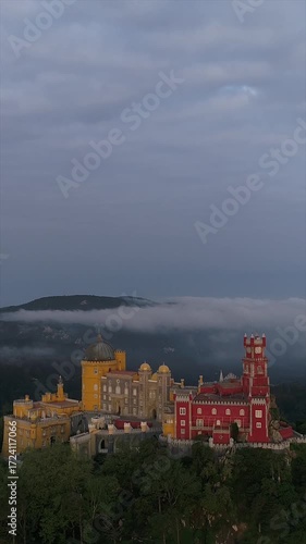 Aerial view of Palacio da Pena, castle, mountain, and forest, Sintra, Portugal