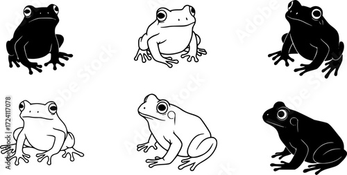 set of frogs, black and white frogs, silhouette of frogs, editable stroke, vector art ready for your brand.
