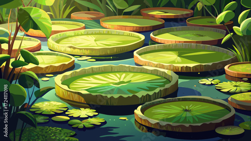 A very beautiful aerial view of giant water lily pads in a pond reveals lush green circles floating gracefully. The tranquil scene captures delicate reflections, vibrant textures, and serene water, 