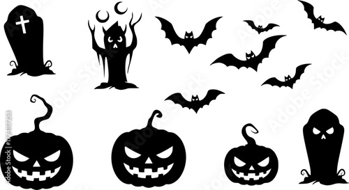 Set of graffiti spray pattern. Collection of halloween symbol, ghost, spider, cobweb, pumpkin with spray texture. Elements on white background for sticker, banner, decoration, street art, halloween.