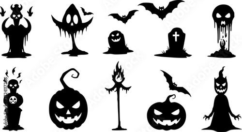 Set of graffiti spray pattern. Collection of halloween symbol, ghost, spider, cobweb, pumpkin with spray texture. Elements on white background for sticker, banner, decoration, street art, halloween.