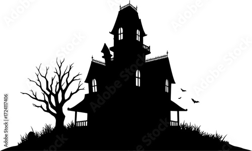 Haunted house black silhouette on white background