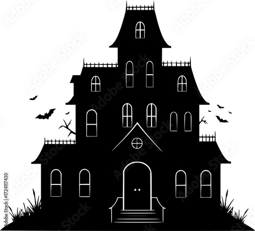 Haunted house black silhouette on white background