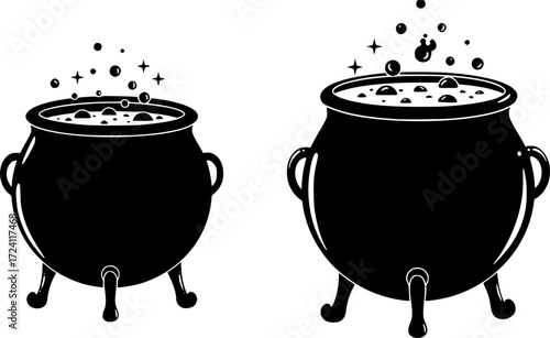 Witches black cauldron with boiling magic potion isolated on white background. Decorative element for Halloween. Vector illustration for any design.

