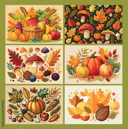 Vibrant autumn harvest scenes with pumpkins mushrooms and colorful fall leaves display