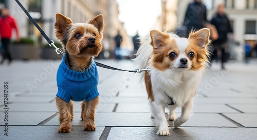 Fototapeta Naklejka Na Ścianę i Meble -  Urban canine companions explore city streets with style and elegance