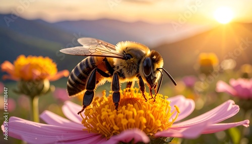 Honeybee on a flower at sunset