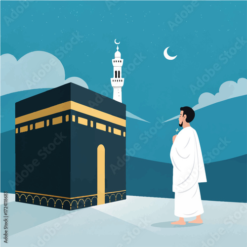 Vector illustration of Muslim pilgrim at Kaaba during Hajj