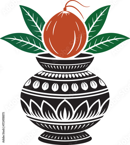 Hindu Puja Kalash Vector | Black White Line Art Silhouette | Sacred Water Pot with Coconut and Mango Leaves | Ornamental Patterns | Spiritual Worship Ritual Symbol Illustration