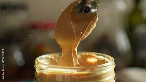 Creamy Peanut Butter Dripping from a Spoon into a Jar Delicious Spread for Breakfast.
