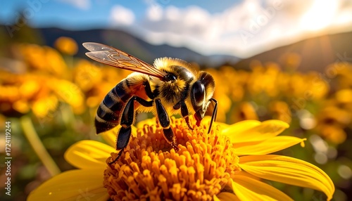 Honeybee on a flower in a sunny meadow