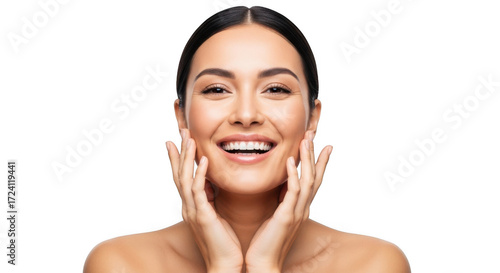 A joyful woman with dark hair and a bright smile, hands on her cheeks, isolated on a transparent background