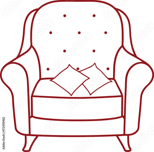 Minimal line drawing of a cozy armchair with cushions