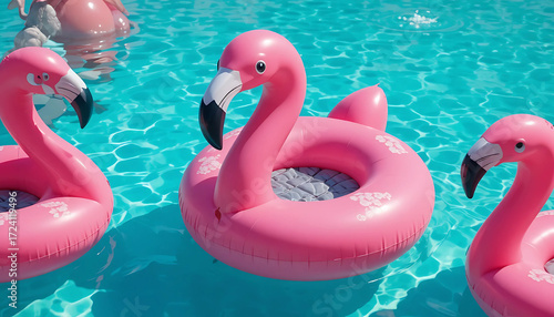Cartoon rubber pool toys: two pink flamingos and two pink swans floating in blue water for summer fun