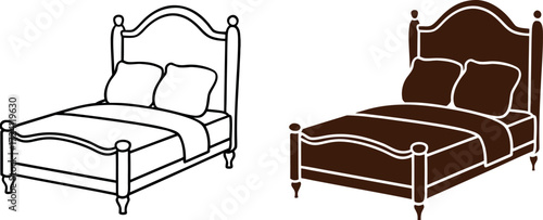 Minimalist line drawing of a bed frame with pillow