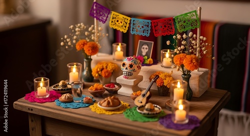 Vibrant Dia de los Muertos Altar Display with Decorative Elements