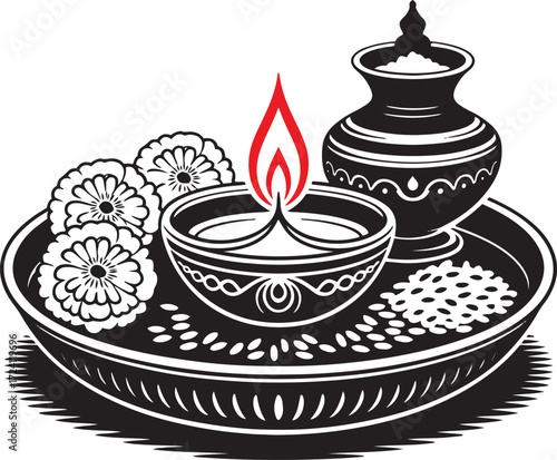 Hindu Puja Plate Vector Thali with Diya, Flowers, Kalash, Incense | Spiritual Worship Ritual Symbol | Bold Outline Minimal Stencil Illustration