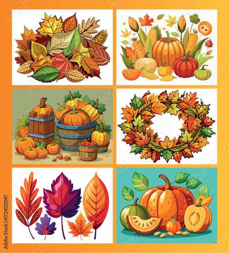 Autumn harvest collection assortment festive fall leaves pumpkins wreath festive designs