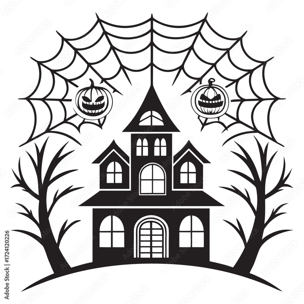 Fototapeta premium Halloween line art illustration with haunted house spooky trees spider web