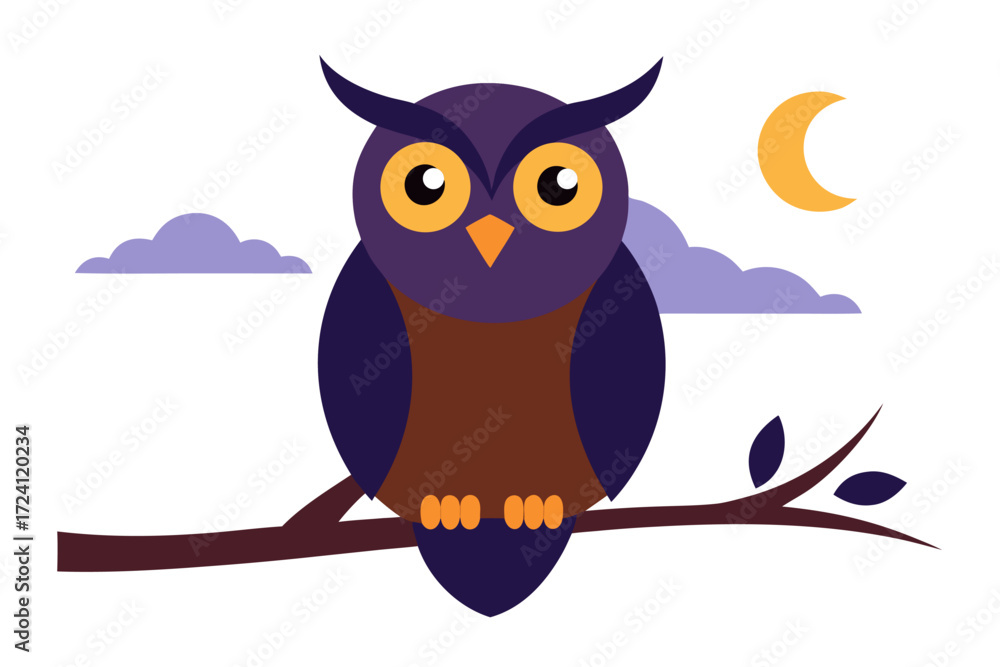 Fototapeta premium A wise owl sitting on a tree branch at night