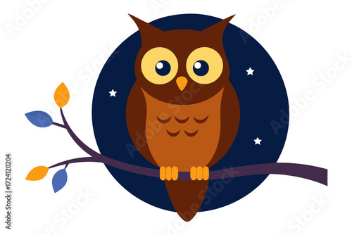 A wise owl sitting on a tree branch at night