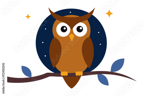 A wise owl sitting on a tree branch at night