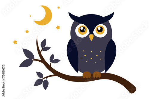 A wise owl sitting on a tree branch at night