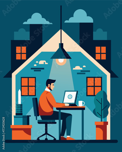 A man works from a cozy office nestled within a converted warehouse the industrial setting providing inspiration for his creative freelance work.. Vector illustration