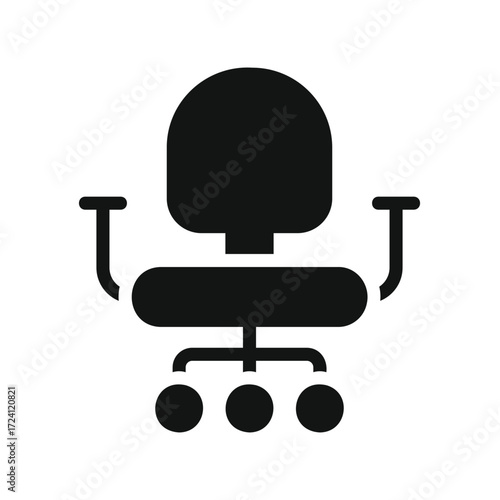 Simple black silhouette icon of an office chair with wheels and armrests on a white background