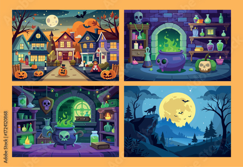 Spooky halloween scenes featuring haunted houses potions and a full moon