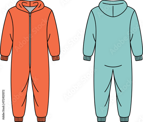 Colored onesie jumpsuit flat sketch, unisex hooded romper with zipper and ribbed cuffs, loungewear fashion vector, sleepwear apparel CAD template