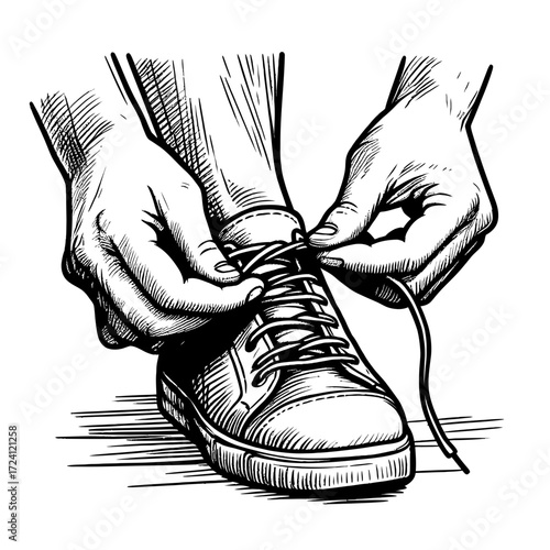Hands tying shoelaces on casual sneaker in black and white illustration  