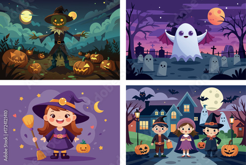 Festive halloween scenes featuring children pumpkins costumes and spooky decorations