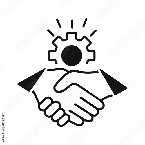 Illustration of a handshake with a gear symbol above representing business partnership and collaboration