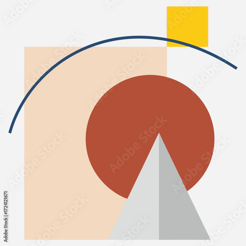 Geometric Composition with Basic Shapes Circle, Triangle, Square, and Curved Line Design