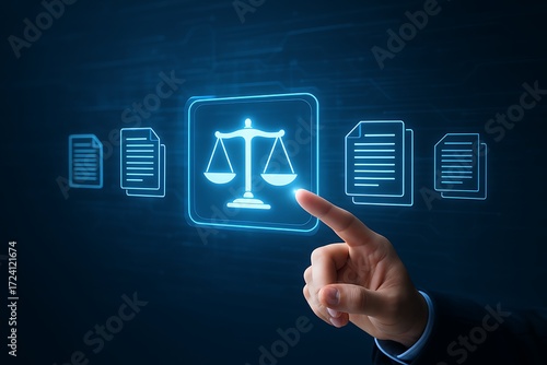 Cyber law and digital justice concept with businessman hand touching glowing balance scale symbol hologram representing online legal regulations contracts document protection compliance