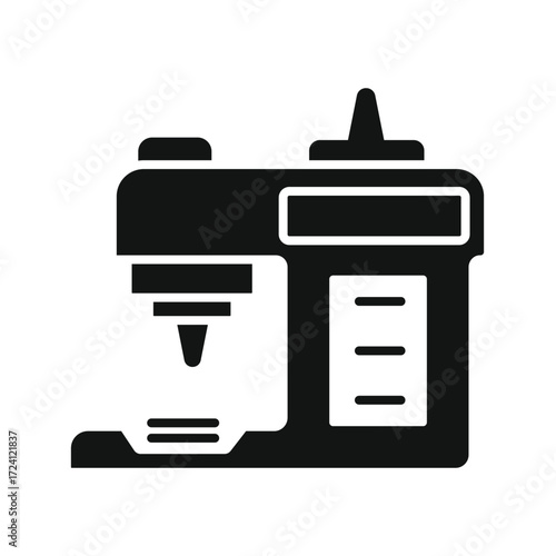 Simple black and white icon illustration of a modern coffee maker machine for brewing hot beverages