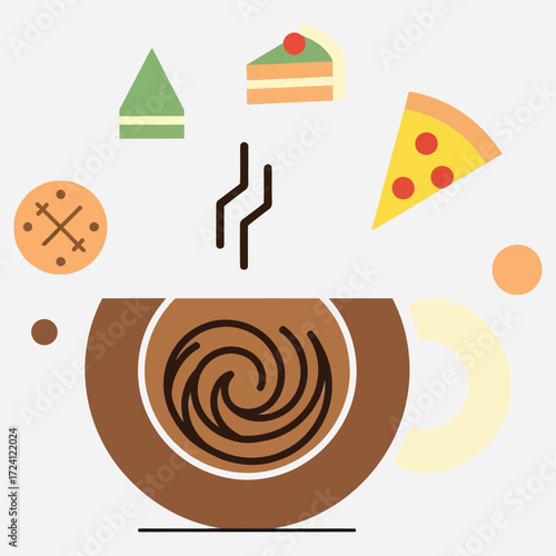 Delicious Delights A Cup of Coffee Surrounded by Sweet and Savory Treats in Flat Vector Illustration