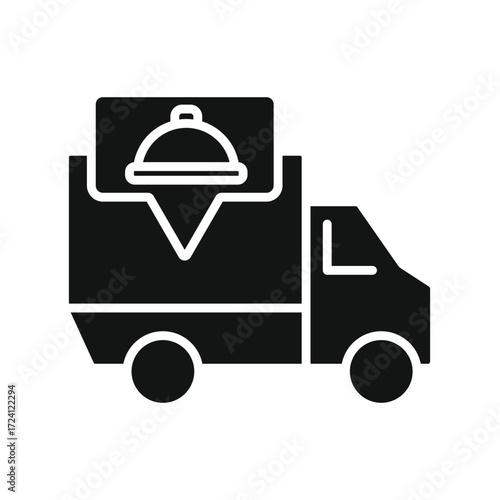 Black silhouette icon of a delivery truck with a food dish icon and location pin symbolizing food delivery service