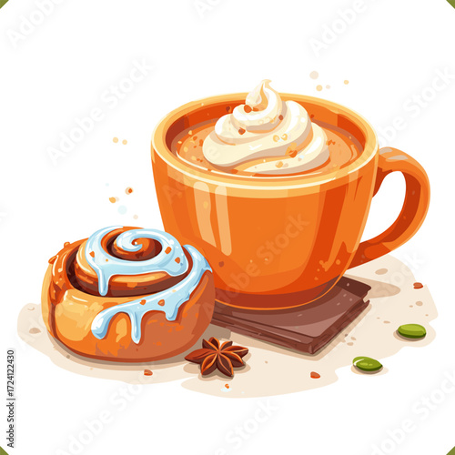 Vector illustration of a pumpkin spice latte with cinnamon bun, isolated on white background