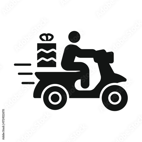 Silhouette of a person riding a scooter with a gift box and motion lines indicating fast delivery