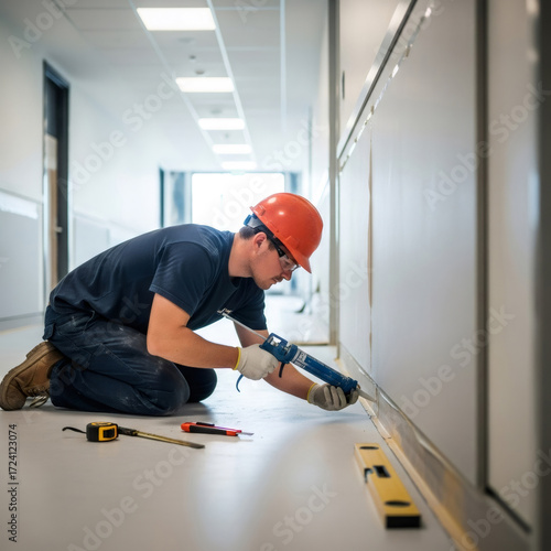 Man using a caulk gun to seal gaps along a baseboard. Home renovation or construction worker applying silicone sealant for interior finishing.