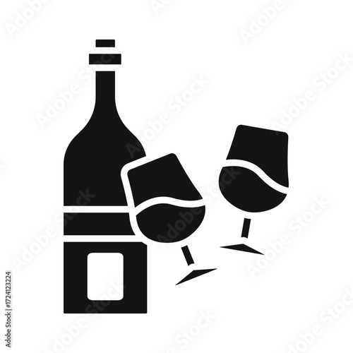 Minimalist black silhouette of a wine bottle and two glasses ready for a toast celebration