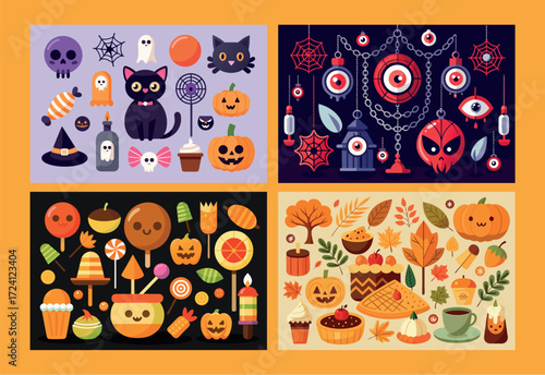 Spooky halloween delights festive collection four panels of treats decorations and icons for the holiday