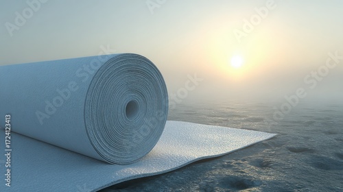 White Roll of Paper on Misty Surface Under Soft Sunrise Light
