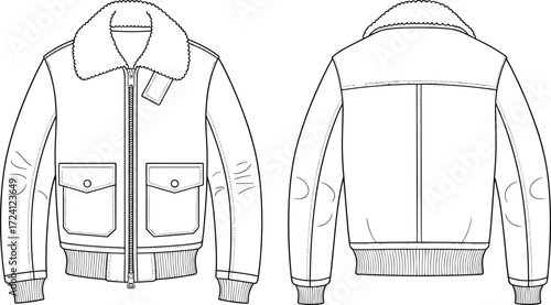 Men’s shearling aviator jacket CAD flat sketch, bomber jacket template with shearling collar and patch pockets, outerwear fashion vector, front and back illustration