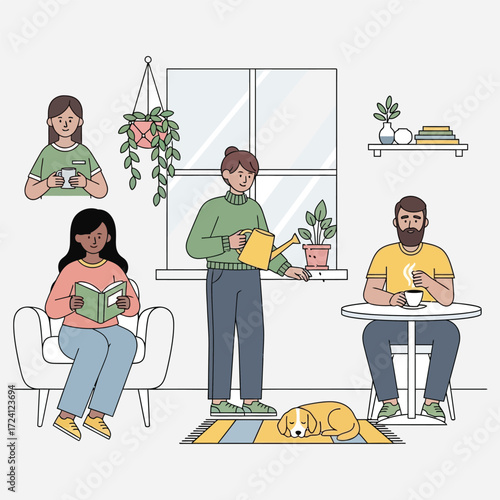 Relaxed Individuals Enjoying Home Comforts Reading, Gardening, and Sipping Beverages in a Peaceful Domestic Setting