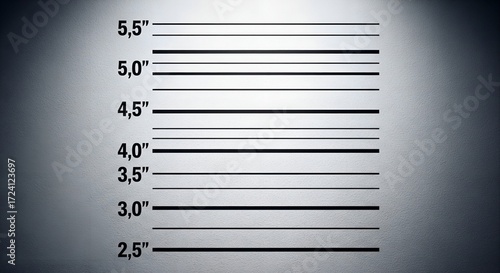 Close up of a height chart or police lineup measurement scale on a textured wall