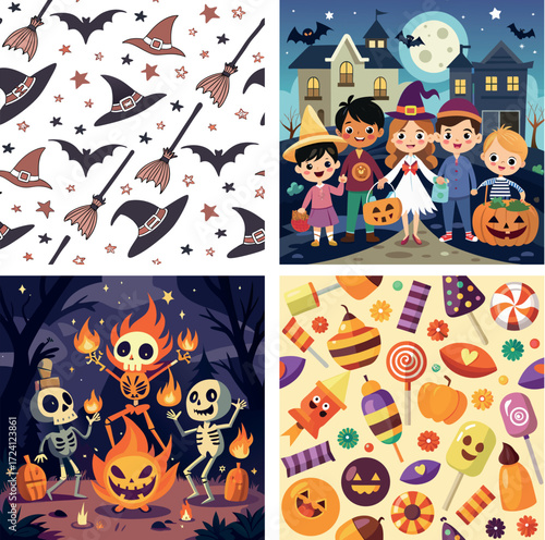 Four halloween themed square images featuring costumes candy pumpkins and spooky scenes